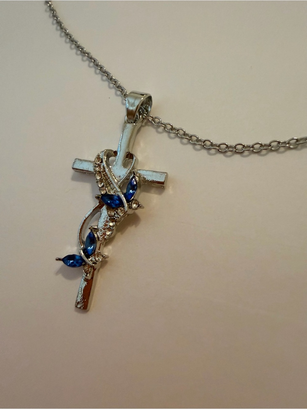 Stainless steel Silver Cross Pendant Necklace with Blue Stones
